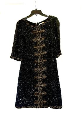 Alice + Olivia Silk Black + Gold Beaded Sequin Dress, 6